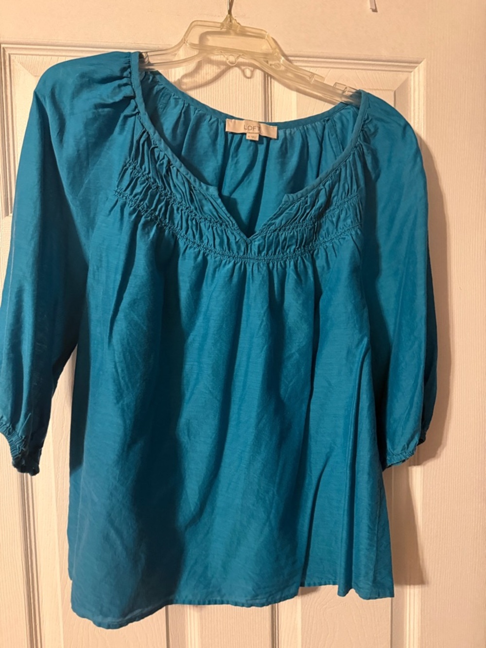LOFT Teal Smocked Yoke Peasant Blouse